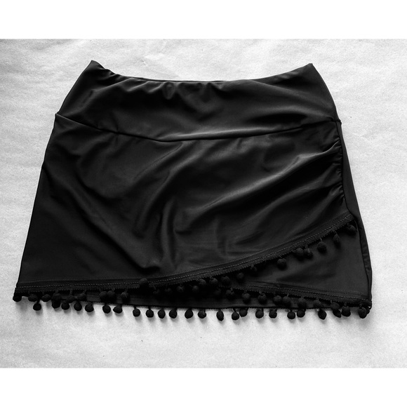 Black Wrap Swim Skirt with tiny Pom-pom Fringe, Size: S - Picture 2 of 6